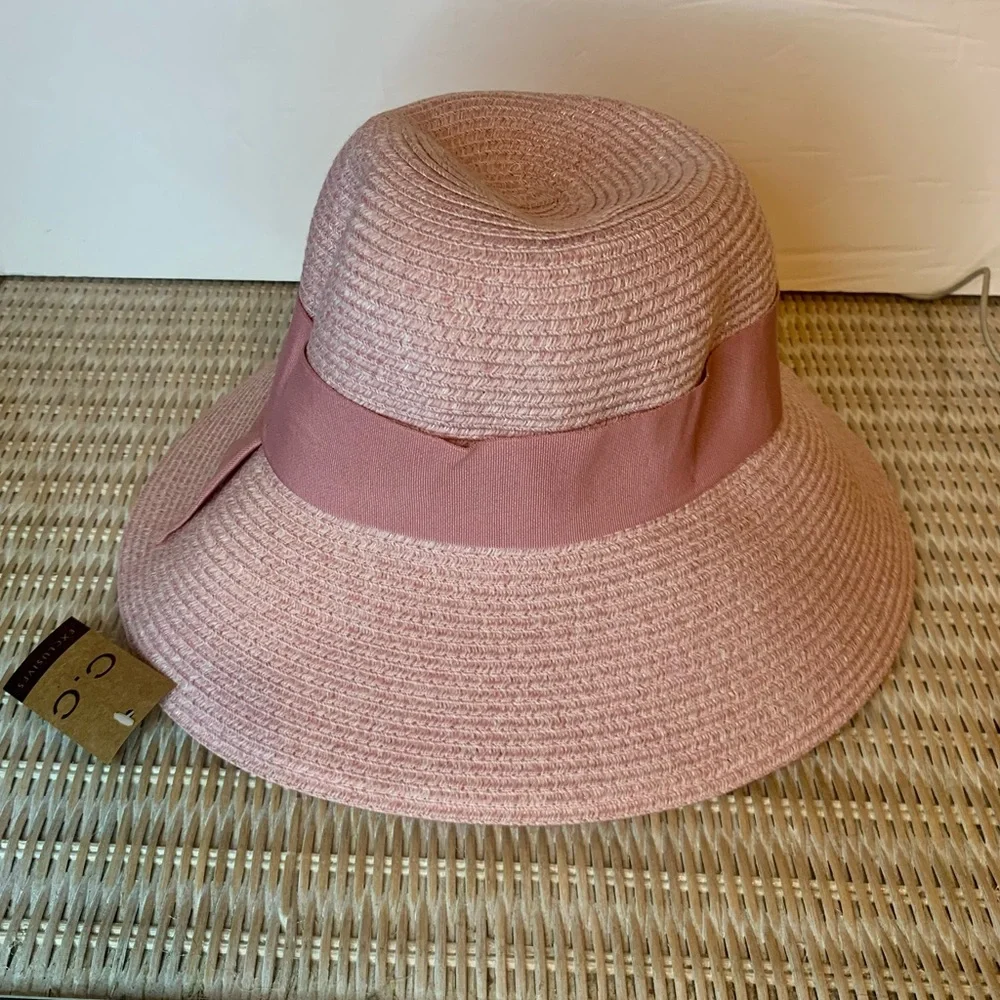 NWT C C Exclusives Straw Floppy Sun Hat Pink One Size